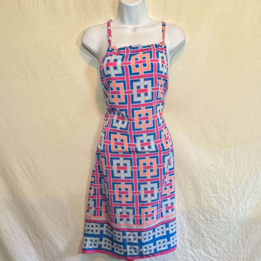 C-183 Crown & Ivy Pink & Blue Geometric Sleeveless MIDI Dress Size S‎